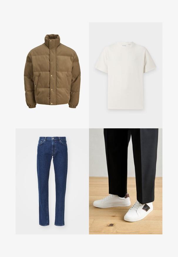 Rudos spalvos švarkas su raišteliu, turintis aukštą apykaklę, užsegamus mygtukais, elastines rankoves ir šonines kišenes, eksponuojamas ant balto fono.; Balta trumpa rankovė T-polo marškinėlių su juostelėmis tekstūra. Apvalus iškirpimas, laisvas fasonas, jokių matomų raštų ar akcentų. Paprastas ir universalus dizainas.; Tamsiai mėlynos džinsinės kelnės su tiesaus kirpimo, penkių kišenių dizainu, metaliniu mygtuko uždarymu ir šviesiais siūlių akcentais.; Balti sportbačiai su glotnia danga, puošti rudais odiniais akcentais ir juodais detalėmis, derinami su juodais pritaikytais kelnėmis. Medinių grindų fonas.