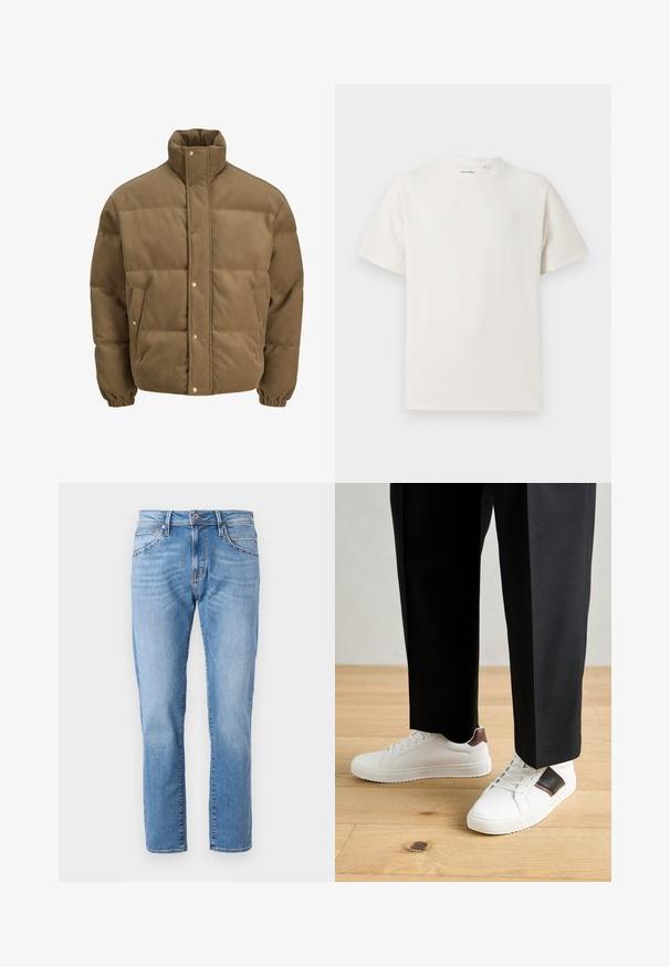 Brązowa puchowa kurtka z korduroy z wysokim kołnierzem, zatrzaskami, elastycznymi mankietami i bocznymi kieszeniami, wystawiona na białym tle.; Biała krótka koszulka z krótkim rękawem o żebrowanej fakturze. Okrągły dekolt, luźny krój, brak widocznych wzorów lub akcentów. Prosty i uniwersalny design.; Jasnoniebieskie dżinsy denimowe o prostym kroju, klasyczny pięć kieszeni, subtelne wyblaknięcia oraz kontrastowe zapięcie na guzik w talii.; Białe trampki o gładkiej fakturze, z brązowymi skórzanymi akcentami i czarnymi detalami, zestawione z czarnymi eleganckimi spodniami. Tło stanowi drewniana podłoga.