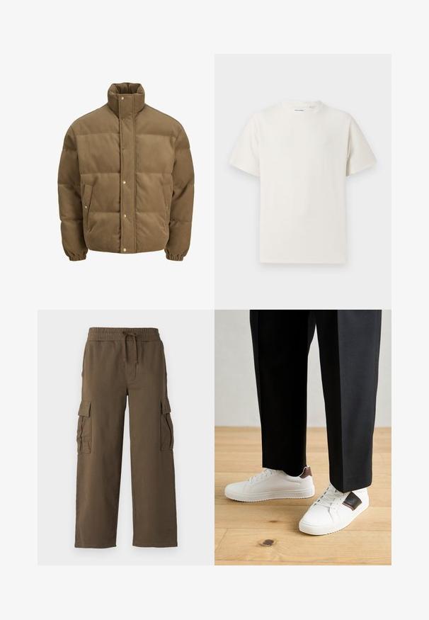 Brun kordfløyels pufferjakke med høy krage, trykknapper, elastiske mansjetter og sidelommer, vist på en hvit bakgrunn.; Hvit T-skjorte med kort erm i ribbestrikket tekstur. Rund hals, avslappet passform, ingen synlige mønstre eller detaljer. Enkelt og allsidig design.; Cargo bukser med elastisk liv, snor og to sidelommer. Laget av et mykt brunt stoff med et avslappet, vidt design.; Hvite sneakers med glatt tekstur, med brune skinnakenter og svart detaljer, parret med svarte skreddersydde bukser. Bakgrunn med tregulv.