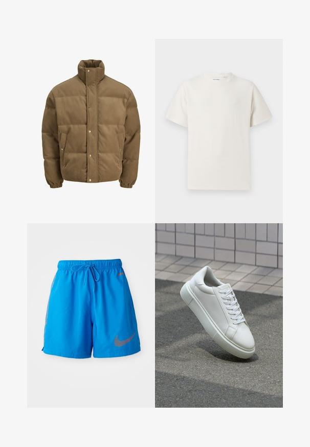 Rjav cordurojasti puhovnik z visokim ovratnikom, zaponkami na gumbe, elastičnimi manšetami in stranskimi žepi, prikazan na beli podlagi.; Bela majica s kratkimi rokavi iz rebraste tkanine. Okrogli izrez, sproščen kroj, brez vidnih vzorcev ali naglasov. Preprosta in vsestranska zasnova.; Modre kratke hlače iz lahkega materiala z elastiko in vrvico v pasu. Imajo tiskano oranžno Nike blagovno znak.; Bela usnjena teniska obutev z gladko površino, okroglo konico in ravnimi belimi vezalkami. Ima teksturiran gumijast podplat in minimalne oblikovalske elemente.