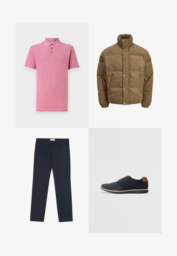 Bruine ribfluwelen pufferjack met hoge kraag, drukknoopsluiting, elastische manchetten en zijzakken, weergegeven op een witte achtergrond.; Roze polo shirt met korte mouwen, ribgebreide kraag, drieknoopsluiting en contrasterende witte afwerking bij de kraag en mouwen.; Marineblauwe chino's van katoen met een gladde textuur, voorzien van een ritssluiting, riemlussen en zijzakken voor functionaliteit.; Zwarte synthetische schoenen met een gestructureerde bovenkant, gladde accenten, bruine hak en een contrasterende zool. Bevat minimale veters en stikdetails.