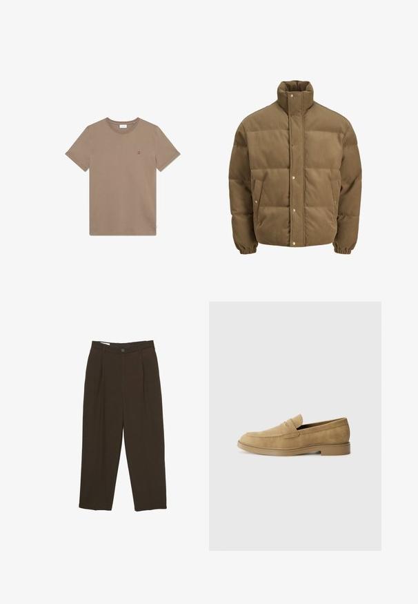 Rjav cordurojasti puhovnik z visokim ovratnikom, zaponkami na gumbe, elastičnimi manšetami in stranskimi žepi, prikazan na beli podlagi.; Rjav bombažni t-shirt z okroglim ovratnikom, kratkimi rokavi in majhnim rdečim logotipom "II" na prsih. Preprost dizajn in gladka tekstura.; Temno rjave hlače po meri s sprednjimi gubami, zankami za pas in gumbom za zapiranje ob pasu.; Svetlo rjavi nubuk loaferji z zaobljenim nosom, nizko blok peto in šivanim detajlom na zgornjem delu. Gladka tekstura in minimalističen dizajn.
