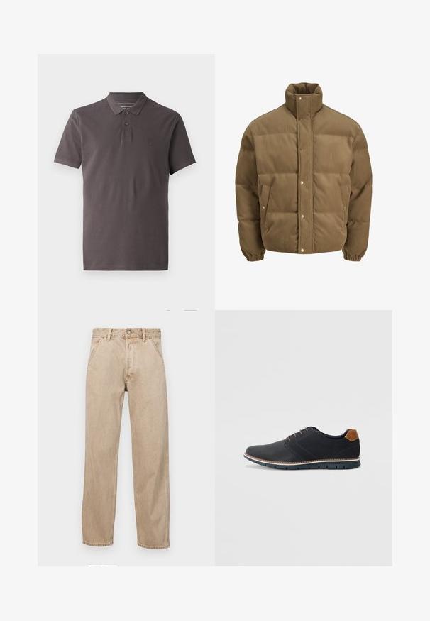 Hnedý kordurovkový bomber s vysokým golierom, sponami, elastickými manžetami a postrannými vreckami, vystavený na bielom pozadí.; Polo tričko v tmavošedej bavlne s golierom, trojica gombíkov, krátkymi rukávmi a jemne vyšitým logom na ľavej hrudi.; Bežové denimové rifle so strihom rovného nohu, s prednými vreckami, kovovým zapínaním na gombík a jemnou textúrou.; Čierne syntetické topánky so štruktúrovaným zvrškom, hladkými akcentmi, hnedým opätkom a kontrastnou podrážkou. Majú minimálne šnurovanie a detaily prešitia.