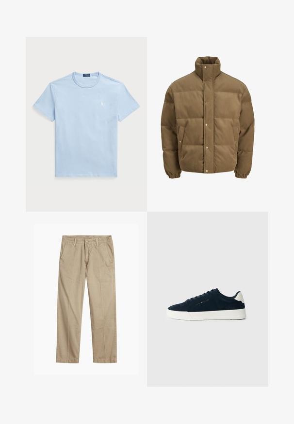 Rudos spalvos švarkas su raišteliu, turintis aukštą apykaklę, užsegamus mygtukais, elastines rankoves ir šonines kišenes, eksponuojamas ant balto fono.; Šviesiai mėlyna medvilninė marškinė su apvalia iškirpte ir trumpomis rankovėmis. Ant kairiojo krūtinės puikuojasi mažas baltas siuvinėtas logo.; Bežiniai tiesaus kirpimo chinos kelnės su diržo kilputėmis, priekyje esančia mygtuko ir užtrauktuko uždarymo sistema, bei šoninėmis kišenėmis.; Jūrų jėgerio suknelė iš suedės su balta guma padais, apvaliu toe ir kontrastuojančia kulno juosta; turi tonus laces ir logotipo detalę šone.