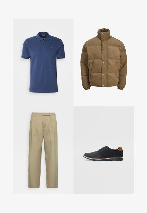 Ruskea corduroy-pufferttake, jossa on korkea kaulus, nepparit, elastiset hihansuut ja sivutaskut, esillä valkoista taustaa vasten.; Poloshirt tummansininen, valmistettu puuvillasta, lyhythihainen, jossa on kolmonen napitus ja pieni brodeerattu logo rinnassa.; Beige, korkeavyötäröiset housut suoralla leikkauksella, joissa on tasainen etuosa, sivutaskut ja sileä, teksturoitu kangas.; Mustat synteettiset kengät, joissa on teksturoitu päällinen, sileät yksityiskohdat, ruskea kanta ja erottuva pohja. Ominaisuuksina minimaalinen nauhoitus ja ompeluyksityiskohdat.