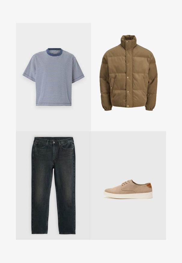 Brun kordfløyels pufferjakke med høy krage, trykknapper, elastiske mansjetter og sidelommer, vist på en hvit bakgrunn.; Blå og hvit stripet kortermet t-skjorte med rund hals og avslappet passform, laget av mykt, lett stoff.; Mørkeblå denimjeans med rette ben, med fem lommer, glidelås og kontraststing. Subtil fading på stoffet.; Beige semskinnsko med rund tå, snøring foran og en teksturert bakre aksent. Hvit gummisåle gir kontrast. Enkelt og moderne design.