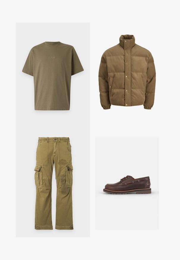 Jachetă puffer din catifea călduță, de culoare maro, cu guler înalt, nasturi cu capse, manșete elastice și buzunare laterale, expusă pe un fundal alb.; Tricou verde măsliniu, cu guler rotund, mâneci scurte, fabricat dintr-un material moale. Prezintă brodat pe față "REPLAY" într-o nuanță potrivită.; Cămașă cu mânecă lungă, cu carouri în nuanțe de violet și roz, cu guler cu nasturi și nasturi negri, făcută dintr-un material moale cu o textură netedă.; Pantaloni cargo verde măsliniu, cu multiple buzunare, prezentând o broderie decorativă pe piciorul drept și cusături întărite. Croială casual și textură a materialului.; Pantofii de bărbat din piele maro, stil barcă, cu vârf rotund, șase orificii pentru șireturi, cusături contrastante și o talpă din cauciuc texturat.
