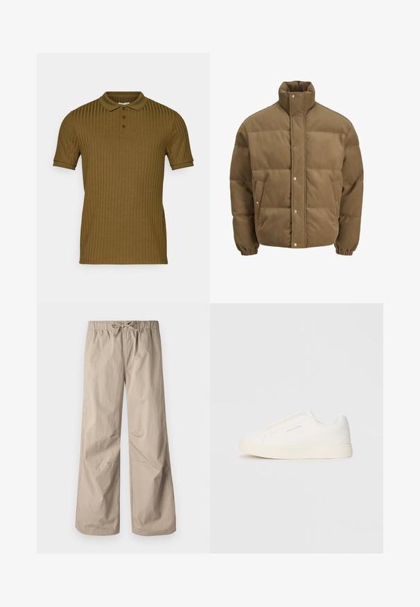 Barna kordbársony pufikabát magas gallérral, patentgombokkal, rugalmas mandzsettákkal és oldalsó zsebekkel, fehér háttéren bemutatva.; Egy bordázott, rövid ujjú polo ing olíva zöld színben, klasszikus gallérral és három gombos záródással. Puha tapintás és karcsú szabás.; Beige, bő szárú nadrág rugalmas derékpánttal és zsinórral. Sima textúra, két oldalsó zseb és minimális varrások a kényelmes illeszkedésért.; Fehér slip-on sportcipők texturált felülettel, vastag talppal és minimalista dizájnnal. Az oldalon a márka logója található.