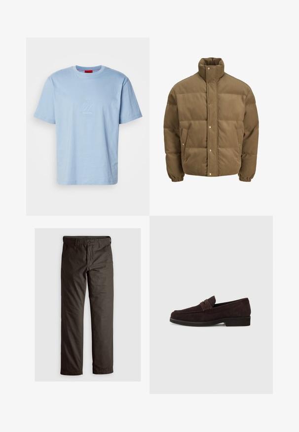 Casaco puffer de veludo cotelê castanho com colarinho alto, botões de pressão, punhos elásticos e bolsos laterais, exibido sobre um fundo branco.; T-shirt de algodão azul claro com decote careca. Apresenta um design de logótipo em relevo na parte da frente. Manga curta e corte descontraído.; Calças em mistura de algodão castanho escuro, com corte straight leg, passantes para cinto e bolsos frontais; textura suave com detalhes discretos de costura.; Mocassins de camurça castanhos com um perfil baixo e ponta arredondada. Apresentam uma faixa decorativa na parte superior, sola de borracha plana e sem costuras visíveis.