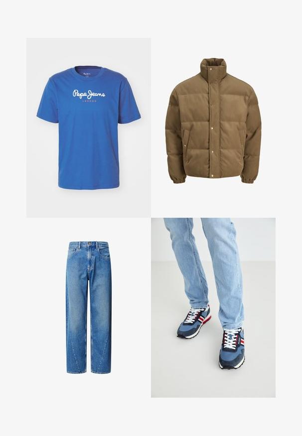 Hnědá kordurová péřová bunda s vysokým límcem, patkovými knoflíky, elastickými manžetami a bočními kapsami, vystavená na bílém pozadí.; Pepe Jeans EGGO - Triko s potiskem - steel blue; Světle modré denimové džíny s vysokým pasem, širokým střihem nohavic a šikmými švy na jho. Obsahují pět kapes a zapínání na knoflík.; Modré sportovní tenisky vyrobené z semiše a síťoviny. Mají bílé tkaničky, pruhy v červené a bílé barvě a strukturovanou černou gumovou podrážku.