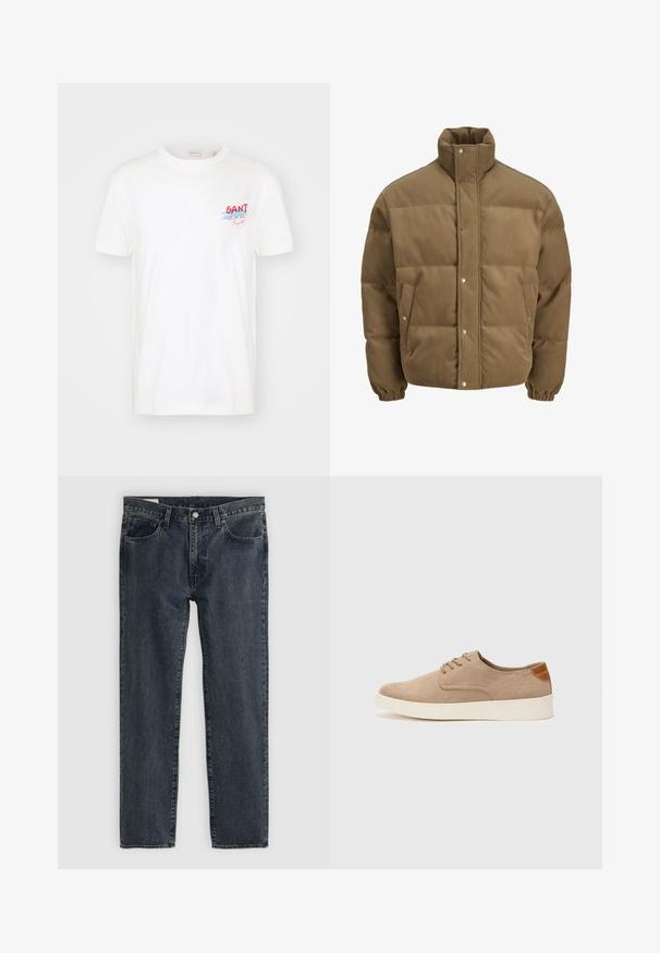 Brun kordfløyels pufferjakke med høy krage, trykknapper, elastiske mansjetter og sidelommer, vist på en hvit bakgrunn.; Hvit bomulls T-skjorte med korte ermer, rund hals og en fargerik "GANT" logo med blå og røde detaljer på brystet.; Mørkeblå denimjeans med rett ben-design, fem lommer og knappestang. Tøyet viser en subtil falming og tekstur.; Beige semskinnsko med rund tå, snøring foran og en teksturert bakre aksent. Hvit gummisåle gir kontrast. Enkelt og moderne design.