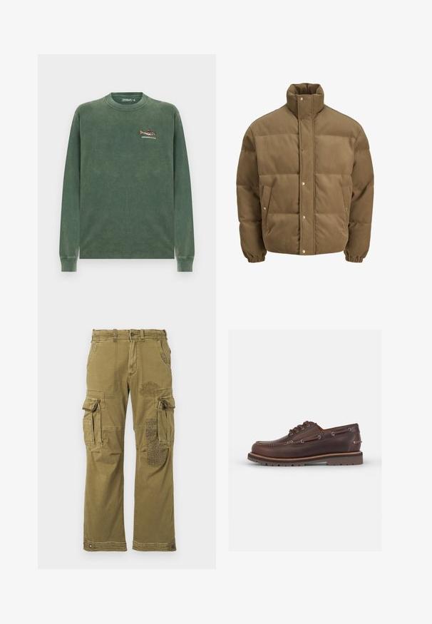 Bruine ribfluwelen pufferjack met hoge kraag, drukknoopsluiting, elastische manchetten en zijzakken, weergegeven op een witte achtergrond.; Groene lange mouwen sweatshirt van zacht katoen. Bevat een klein geborduurd vissenontwerp op de linkerborst. Klassieke ronde hals.; Langarm geruite shirt in paarse en roze tinten, met een kraag met knopen en zwarte knopen, gemaakt van zachte stof met een gladde textuur.; Olijfgroene cargo broek met meerdere zakken, voorzien van een patroon patch op het rechterbeen en versterkte stiksels. Casual pasvorm en textuur van de stof.; Bruine leren bootschoen met een afgeronde neus, zes oogjes, contrasterende stiksels en een gestructureerde rubberen zool.