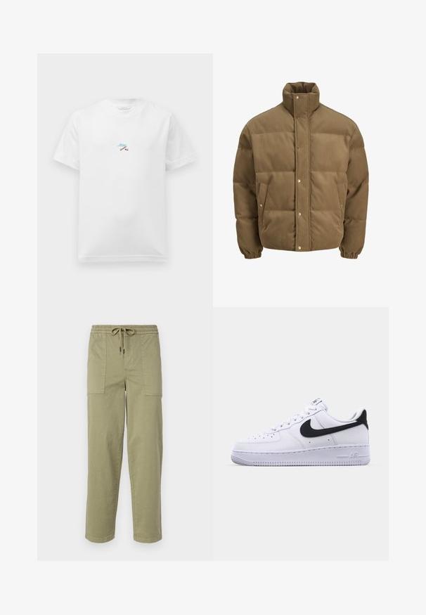 Hnědá kordurová péřová bunda s vysokým límcem, patkovými knoflíky, elastickými manžetami a bočními kapsami, vystavená na bílém pozadí.; Bílá tričko s krátkým rukávem a malou barevnou výšivkou křížených klacků a modrého kurzivního textu uprostřed na hrudi.; Pantalony světle olivové barvy vyrobené z bavlněné směsi, s elastickým pasem na šnůrku a dvěma velkými bočními kapsami.; Bílé kožené tenisky s texturovaným černým Swooshem, plochými tkaničkami a gumovou podrážkou s drážkovaným vzorem. Na patě je embosováno "AIR".