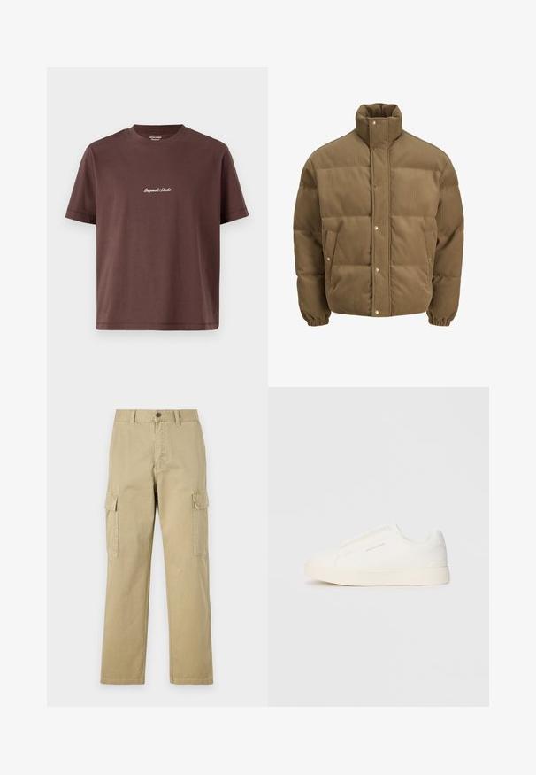 Jachetă puffer din catifea călduță, de culoare maro, cu guler înalt, nasturi cu capse, manșete elastice și buzunare laterale, expusă pe un fundal alb.; Tricou din bumbac maro cu guler rotund. Are mâneci scurte și un text central brodat care spune "Original Studio" în alb.; Pantaloni cargo bej din bumbac, cu două buzunare laterale, închidere cu nasture și picioare drepte dintr-un material ușor texturat.; Tenisi albi slip-on cu o suprafață texturată, talpă groasă și un design minimalist. Prezintă logo-ul brandului pe lateral.