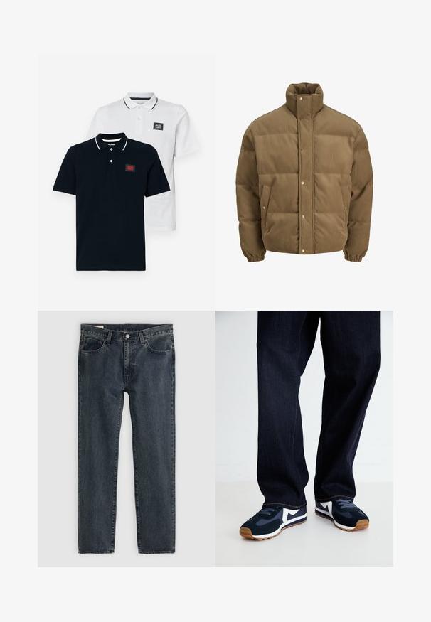 Smeđi puffer jakna od kordura s visokim ovratnikom, dugmadi na preklop, elastičnim manžetama i bočnim džepovima, prikazana na bijeloj pozadini.; Dva polo majice u tamnoplavoj i bijeloj boji, s kratkim rukavima, klasičnom ovratniku i kontrastnim prugašima na ovratniku.; Tamno plave traperice s ravnim nogavicama, pet džepova i zatvaranjem na dugme. Tkanina pokazuje suptilno blijeđenje i teksturu.; Morske i bijele sportske cipele s teksturiranim gornjim dijelom, vezicama i gumenenim potplatom, uparen s tamnim trapericama s narančastim šavovima.