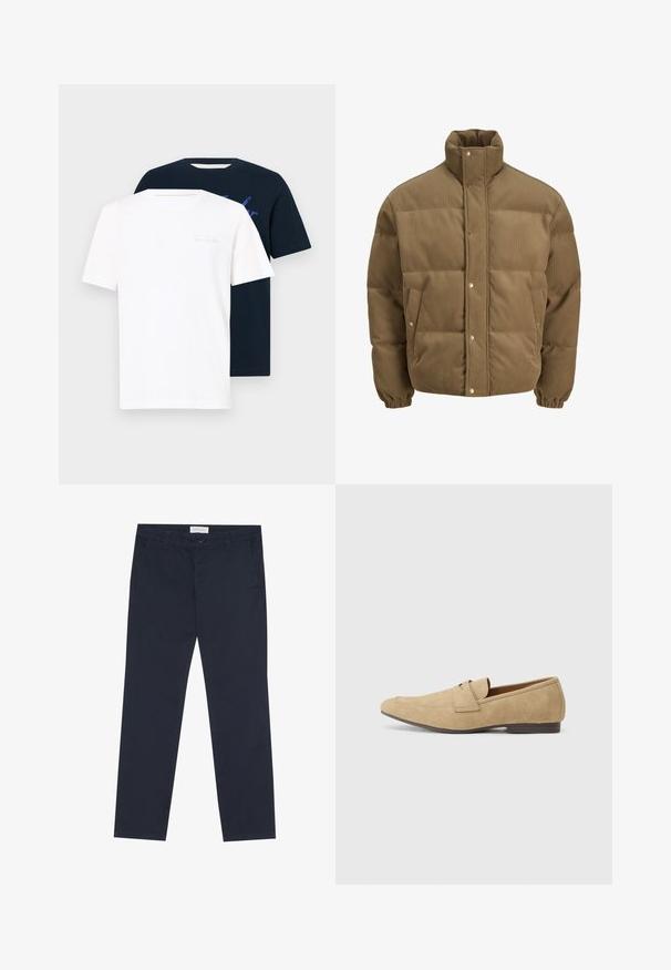 Barna kordbársony pufikabát magas gallérral, patentgombokkal, rugalmas mandzsettákkal és oldalsó zsebekkel, fehér háttéren bemutatva.; Két környakú póló: az egyik fehér világos felirattal, a másik sötétkék grafikai nyomattal. Mindkettő rövidujjú és puha anyagból készült.; Sötétkék vászon nadrág, amely pamutból készült, sima tapintású, cipzáras záródással, övhurkokkal és oldalsó zsebekkel a praktikum érdekében.; Beige velúr lofu, enyhe fényes felülettel, lekerekített orral, slip-on kialakítással és alacsony barna sarkakkal. Diszkrét varrási részletek.