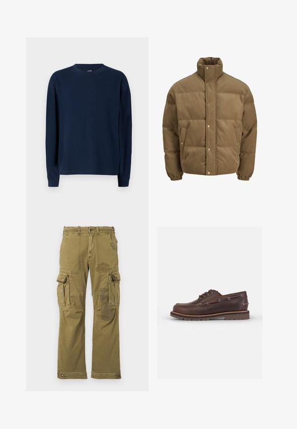 Ruskea corduroy-pufferttake, jossa on korkea kaulus, nepparit, elastiset hihansuut ja sivutaskut, esillä valkoista taustaa vasten.; Laivastonsininen pitkähihainen crewneck-sweatshirt, jossa on ribbikuvio, suora leikkaus ja vahvistetut saumat, sekä klassinen muotoilu.; Oliivinvihreät cargo-housut, joissa on useita taskuja, oikeassa lahkeessa kuvioitu paikka ja vahvistetut saumat. Rentomallinen ja kankaan tekstuuri.; Ruskea nahkainen veneakenus, jossa on pyöreä kärki, kuusi reikää nauhoille, kontrastoivaa ommelta ja teksturoitu kumipohja.