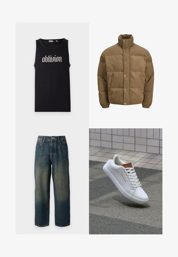 Brown corduroy puffer jacket with high collar, snap buttons, elastic cuffs, and side pockets, displayed on a white background.; Black tank top made of cotton, featuring a bold white Gothic-style text "oblivion" centered on the front. Smooth texture, sleeveless design.; Blue denim jeans with a straight cut, featuring a faded design with lighter shades towards the hem, five pockets, and a button closure.; White leather sneakers with a smooth texture, tan accent on the heel, gold logo on the side, and a rubber sole with a textured grip.