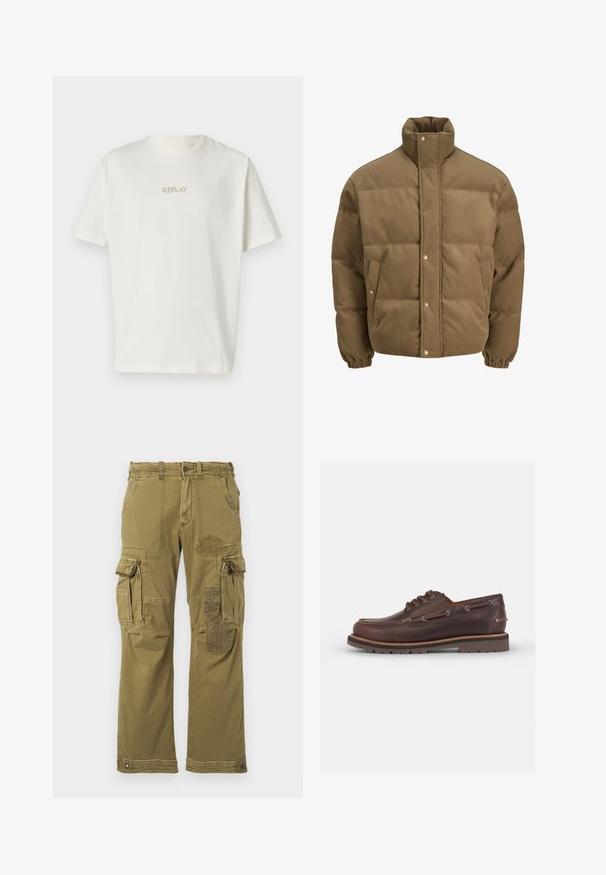 Brūns korduroja pufersjakas ar augstu apkakli, spiedpogu aizdari, elastīgām aprocēm un sānu kabatām, izstādīta uz baltā fona.; Balts kokvilnas T-krekls ar apaļu kakla izgriezumu un īsām piedurknēm, uz krūšu daļas ar mazu, zelta izšūtu "REPLAY" logotipu.; Garš sleeves pārklāta krekla ar purpura un rozā toņiem, ar pogojamu apkakli un melnām pogām, izgatavota no mīkstas auduma ar gludu tekstūru.; Olīvzaļa kravas bikses ar vairākiem kabatām, ar rakstainu plāksteri labajā kājā un pastiprinātu šuvi. Brīva piegriezuma un auduma tekstūra.; Brūnas ādas laivu kurpes ar noapaļotu pirkstu, sešām aciņām, kontrastējošām šuvēm un teksturētu gumijas zoli.
