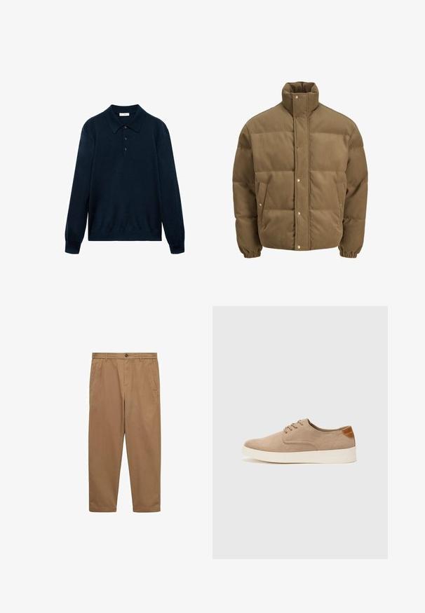 Braune Cord-Puffjacke mit hohem Kragen, Druckknöpfen, elastischen Bündchen und Seitentaschen, auf einem weißen Hintergrund präsentiert.; Marineblaue Langarm-Polohemd aus weichem Stoff. Verfügt über einen spitzen Kragen, drei Knöpfe frontseitig und gerippte Bündchen.; Braune Baumwollchinos mit gerader Passform, zwei Seitentaschen, einem Knopfverschluss und einer glatten Textur. Mittelhoher Bund und schmal zulaufende Beine.; Beige Wildleder-Sneaker mit runder Zehenpartie, Schnürung und strukturiertem Rückenteil. Die weiße Gummisohle sorgt für einen Kontrast. Einfaches und modernes Design.