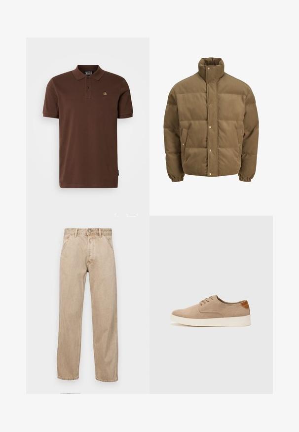 Rudos spalvos švarkas su raišteliu, turintis aukštą apykaklę, užsegamus mygtukais, elastines rankoves ir šonines kišenes, eksponuojamas ant balto fono.; Ruda polo marškinėliai pagaminti iš medvilnės, su trumpomis rankovėmis, trijų mygtukų užsegimu ir mažu geltonu logotipu ant krūtinės. Paprastas dizainas.; Smėlio spalvos džinsai su tiesia kojų siluetu, turintys priekinę kišenę, metalinį mygtuką ir subtilią tekstūrą.; Bežiniai zomšiniai sportbačiai su apvaliomis pirštų dalimis, raišteliais priekyje ir tekstūruotu užkulniu. Balta guma suteikia kontrastą. Paprastas ir modernus dizainas.