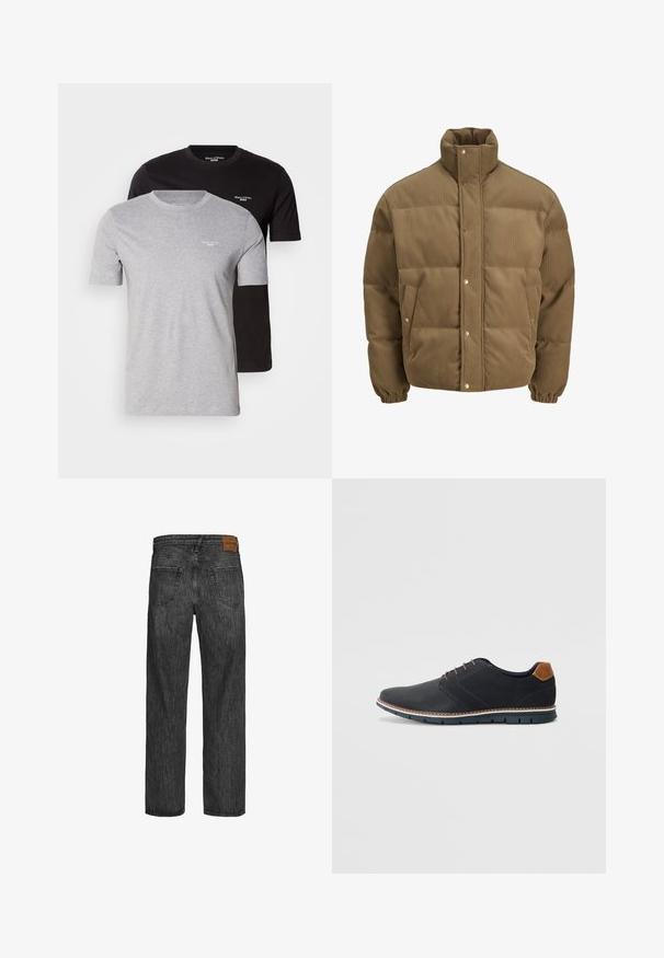 Brun kordfløyels pufferjakke med høy krage, trykknapper, elastiske mansjetter og sidelommer, vist på en hvit bakgrunn.; To korte ermer t-skjorter: en grå og en svart. Begge har rund hals og en liten hvit logo på brystet. Laget av bomull.; Svarte denimjeans med design med rette ben, fem lommer og en brun lærpatch i midjen. Strukturert stoff med stikking detaljer.; Sorte syntetiske sko med en teksturert overdel, glatte detaljer, brun hæl og en kontrastfarge på sålen. Har minimalt snøring og sømdetaljer.