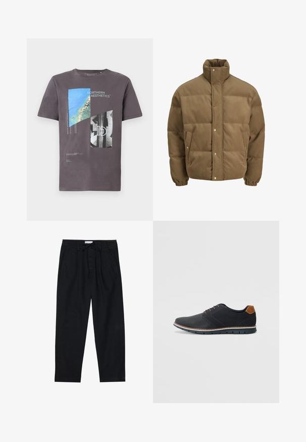 Brun corduroy pufferjakke med høj krave, trykknapper, elastiske manchetter og sidelommer, vist på en hvid baggrund.; Grå bomuld t-shirt med et grafisk print af blå og sorte geometriske former og tekst, korte ærmer og rund halsudskæring.; Pier One Chino - black; Sorte syntetiske sko med en tekstureret overdel, glatte accenter, brun hæl og en kontrasterende sål. Har minimale snørebånd og syningsdetaljer.