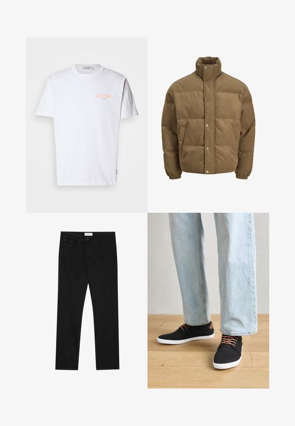 Casaco puffer de veludo cotelê castanho com colarinho alto, botões de pressão, punhos elásticos e bolsos laterais, exibido sobre um fundo branco.; T-shirt de algodão branca com mangas curtas, apresentando "ANTICO BAR" impresso em laranja claro no lado esquerdo do peito e um decote redondo.; Jeans pretos de perna reta com design de cinco bolsos, fecho com botão e zíper, e uma etiqueta da marca Pier One na cintura.; Sapatilhas pretas de lona com detalhes castanhos, solas de borracha brancas e cordões castanhos, combinadas com jeans de perna reta azul claro. Fundo em piso de madeira.