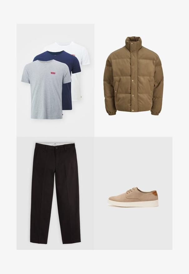 Brun kordfløyels pufferjakke med høy krage, trykknapper, elastiske mansjetter og sidelommer, vist på en hvit bakgrunn.; Levi's® GRAPHIC TEES 3 PACK - T-shirts - white/medium heather grey/dress blues; Sorte straight-leg chinos med beltestropper, knaplukning og sidelommer, vist på en lysegrå baggrund.; Beige semskinnsko med rund tå, snøring foran og en teksturert bakre aksent. Hvit gummisåle gir kontrast. Enkelt og moderne design.