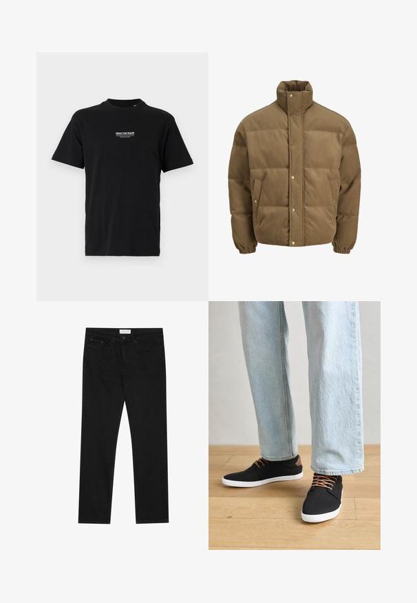 Chaqueta de plumón de pana marrón con cuello alto, botones a presión, puños elásticos y bolsillos laterales, exhibida sobre un fondo blanco.; Camiseta de algodón negra con cuello redondo, mangas cortas y un pequeño logotipo impreso en blanco en el lado izquierdo del pecho. Corte simple, sin patrones adicionales.; Jeans negros de pierna recta con diseño de cinco bolsillos, cierre de botón y cremallera, y etiqueta de la marca Pier One en la cinturilla.; Zapatillas de lona negras con detalles marrones, suelas de goma blanca y cordones marrones, combinadas con jeans rectos de color azul claro. Fondo de suelo de madera.
