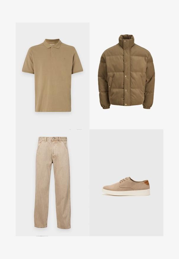 Bruine ribfluwelen pufferjack met hoge kraag, drukknoopsluiting, elastische manchetten en zijzakken, weergegeven op een witte achtergrond.; Khaki polo shirt van katoen, met een kraag, een knoopsluiting met twee knopen, korte mouwen en een klein logo op de borst. Soepele textuur.; Beige denim jeans met een recht gesneden ontwerp, voorzien van voorzakken, een metalen knoopsluiting en een subtiele textuur.; Beige suède sneakers met een ronde neus, vetersluiting aan de voorkant en een getextureerde achteraccent. De witte rubberen zool zorgt voor contrast. Eenvoudig en modern ontwerp.
