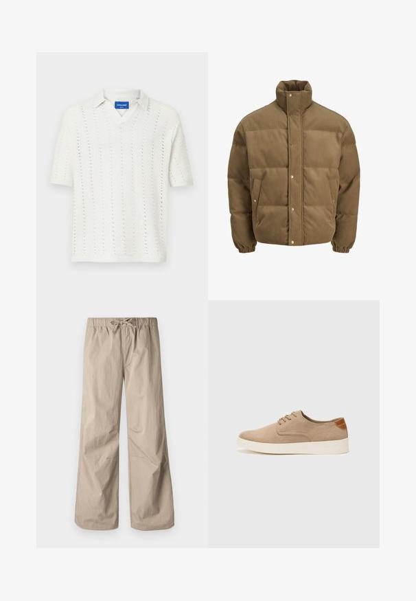 Smeđi puffer jakna od kordura s visokim ovratnikom, dugmadi na preklop, elastičnim manžetama i bočnim džepovima, prikazana na bijeloj pozadini.; Bijela pletena majica polo kratkih rukava s V-izrezom, s vertikalnim uzorcima i rebrastim rubom. Oznaka vidljiva na ovratniku.; Bež hlače širokih nogavica s elastičnim pojasom i vezicom. Glatka tekstura, dva bočna džepa i minimalni šavovi za opuštenu prilagodbu.; Bež nubuk tenisice s okruglim vrhom, vezanjem sprijeda i teksturiranim stražnjim naglaskom. Bijela gumena potpetica pruža kontrast. Jednostavan i moderan dizajn.
