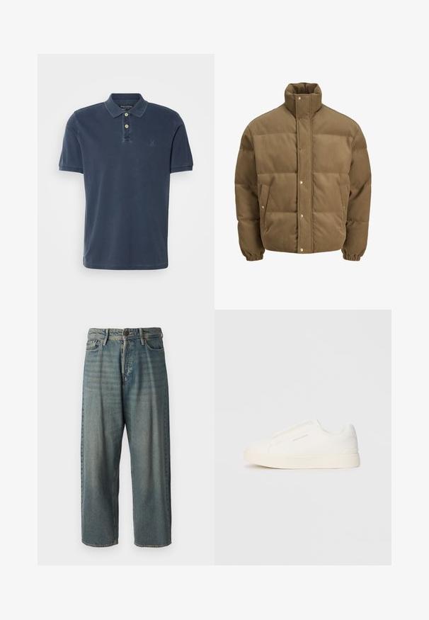 Brun kordfløyels pufferjakke med høy krage, trykknapper, elastiske mansjetter og sidelommer, vist på en hvit bakgrunn.; Marineblå polo skjorte laget av bomull, med klassisk krage, korte ermer, to-knappslukking og subtilt logo på brystet.; Lyseblå denimjeans med løs passform, midjehøyde og rette ben. Har fem lommer, beltehemper og knappelukking.; Hvite slip-on joggesko med teksturert overflate, tykk såle og minimalistisk design. Har merkevarelogo på siden.