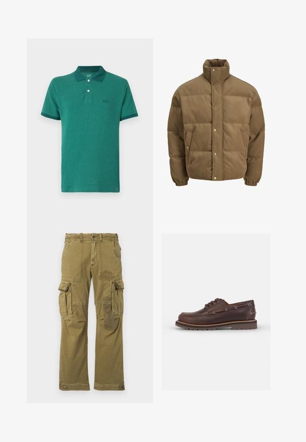 Brązowa puchowa kurtka z korduroy z wysokim kołnierzem, zatrzaskami, elastycznymi mankietami i bocznymi kieszeniami, wystawiona na białym tle.; Zielona koszulka polo wykonana z teksturowanego materiału, z kołnierzykiem na guziki, krótkimi rękawami i małym logo na piersi.; Koszula w kratę z długim rękawem w odcieniach fioletu i różu, z kołnierzykiem zapinanym na guziki i czarnymi guzikami, wykonana z miękkiego materiału o gładkiej teksturze.; Zielone oliwkowe spodnie cargo z wieloma kieszeniami, z wzorzystą łatą na prawej nodze i wzmocnionymi szwami. Luźny krój i tekstura tkaniny.; Czarne skórzane buty żeglarskie z okrągłym noskiem, sześcioma oczkami, kontrastowym przeszyciem i teksturowaną gumową podeszwą.