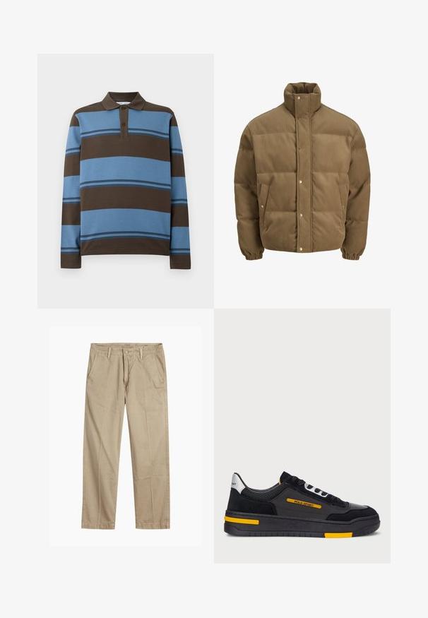 Brun corduroy pufferjakke med høj krave, trykknapper, elastiske manchetter og sidelommer, vist på en hvid baggrund.; Polo skjorte med lange ærmer, brun og lyseblå vandrette striber, med en tre-knaps placket og en ribbet krave.; Beige lige ben chinos med bæltestropper, frontknap og lynlås lukning samt skrå frontlommer.; Sorte sneakers med overdel i ruskind og mesh, gule accenter og en tyk sort sål. Snøre lukning og "POLO SPORT" mærkning på siden.