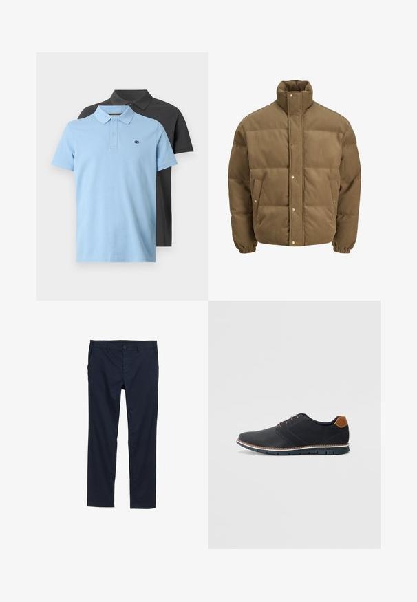 Rudos spalvos švarkas su raišteliu, turintis aukštą apykaklę, užsegamus mygtukais, elastines rankoves ir šonines kišenes, eksponuojamas ant balto fono.; Du dušo marškiniai: vieni šviesiai mėlynos spalvos su apykakle ir sagomis, kiti tamsiai pilki. Abu turi mažą logotipą ant krūtinės ir trumpas rankoves.; Jūržydros mėlynos spalvos lengvi kelnių modeliai su lygiu paviršiumi, tiesiomis kojų linijomis, sagčių uždarymu ir šoninėmis kišenėmis.; Juodi sintetiniai batai su tekstūruotu paviršiumi, lygiomis detalėmis, ruda kulna ir kontrastingu padu. Yra minimalus raištelių užsidėjimas ir siuvimo detalės.