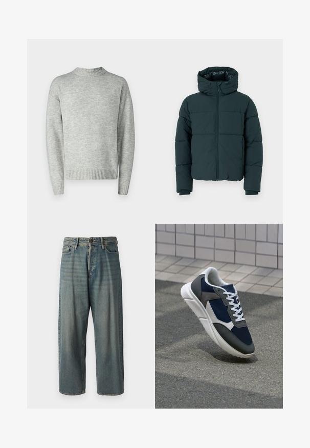 Tumma vihreä puhvijakku hupulla, jossa on vetoketju edessä, ommellut paneelit ja ribbineulehihansuut. Sileä pinta ja pehmustettu rakenne.; Vaaleanharmaa neulepusero, neulotut kuviot, pyöreä kaula-aukko, pitkät hihat, ribbaatut helmat ja hihansuut, rento malli, minimalistinen muotoilu.; Vaaleansiniset farkut, joissa on väljä istuvuus, keskikorkea vyötärö ja suorat lahkeet. Ominaisuuksiin kuuluvat viisi taskua, vyölenkit ja nappisulku.; Kengät, joissa on tummansininen verkkopäällinen, harmaat mokka-yksityiskohdat, valkoinen kumipohja ja litteät valkoiset nauhat, suunniteltu mukavuutta ja hengittävyyttä varten.