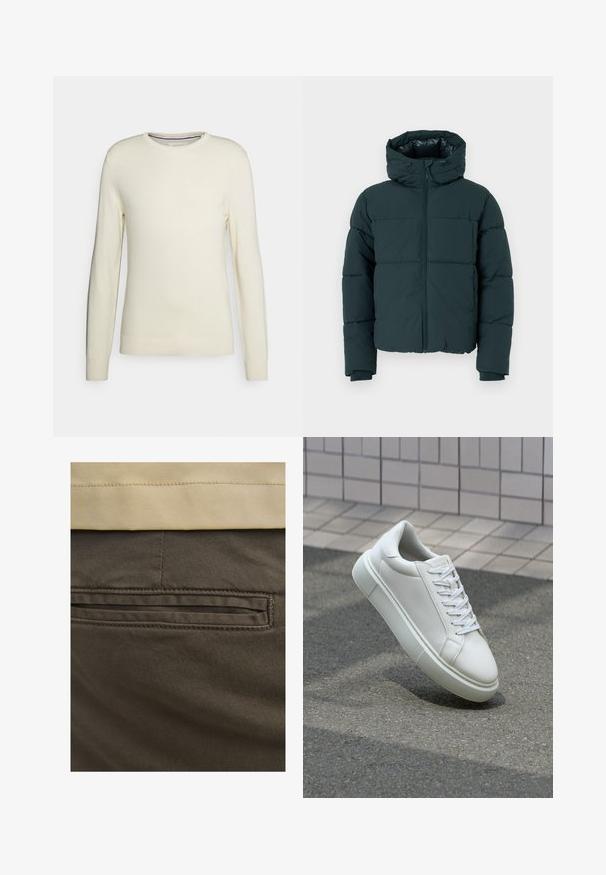 Dunkelgrüne Steppjacke mit Kapuze, seitlichem Reißverschluss, gesteppten Paneelen und gerippten Bündchen. Glatte Oberfläche und gepolsterte Textur.; Cremefarbener Rundhals-Pullover mit langen Ärmeln, gerippten Bündchen und Saum. Hergestellt aus weichem Strickstoff ohne Muster oder Verzierungen.; Braune Baumwollhosen mit sichtbarem Gesäßtaschenfeature, akzentuiert durch subtile Nähte und einer glatten Textur. Der Bund ist in einem kontrastierenden Beige.; Weiße Leder-Sneaker mit glatter Oberfläche, runder Zehenpartie und flachen weißen Schnürsenkeln. Verfügt über eine strukturierte Gummisohle und minimalistische Designelemente.