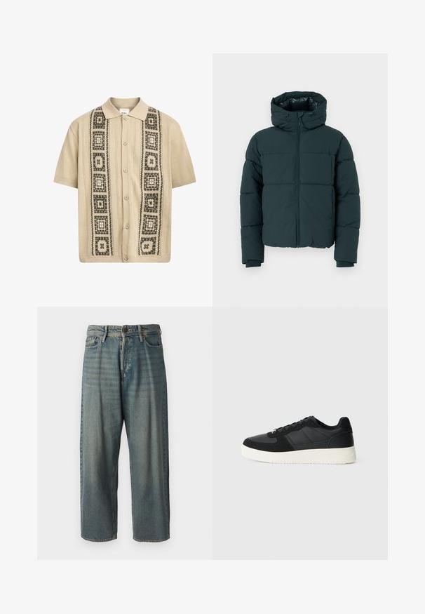 Dark green puffer jacket with a hood, featuring a front zipper, stitched panels, and ribbed cuffs. Smooth finish and padded texture.; Short-sleeve beige shirt with button closure, featuring decorative green and black geometric patterns along the front and textured knit details.; Light blue denim jeans with a loose fit, mid-rise waist, and straight legs. Features five pockets, belt loops, and a button closure.; Black low-top sneaker with textured leather and suede panels, white rubber sole, and black laces on a plain light background.
