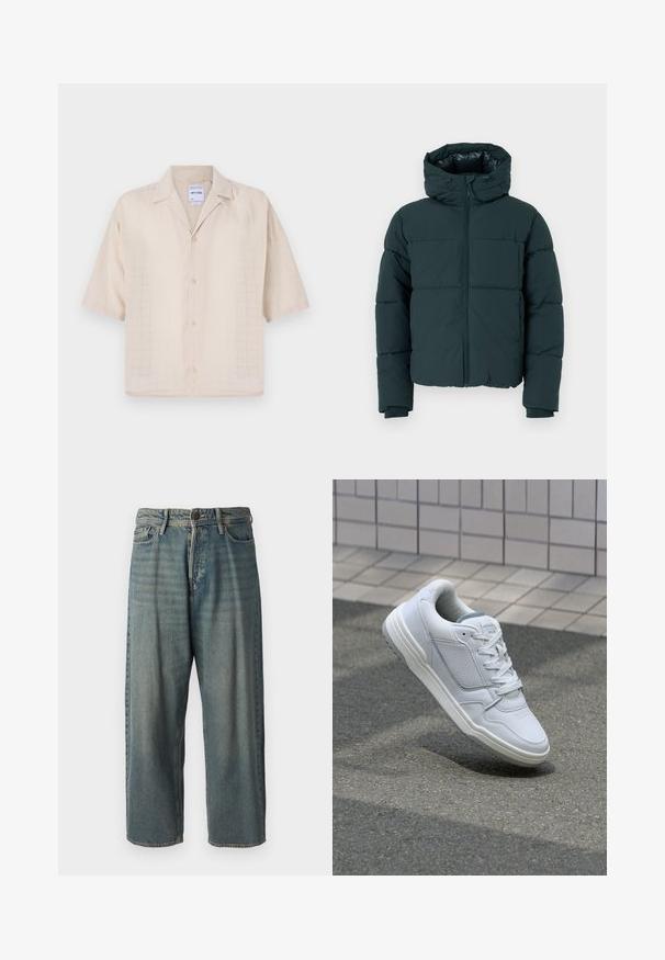 Tamsiai žalia pūkinė striukė su kapišonu, turinti priekinį užtrauktuką, siuvinėtus skyrius ir raukšlėtas rankoves. Lygus paviršius ir paminkštinta tekstūra.; Trumpas rankovėmis, kreminės spalvos marškiniai su mygtukais, su tinklelio raštu, minkšta tekstūra ir išpjovimu ant apykaklės. Pagaminti iš lengvos medžiagos.; Šviesiai mėlyni džinsai su laisvu siluetu, vidutinio aukščio juosmeniu ir tiesiomis kojomis. Su penkiais kišenėmis, diržo kilpo ir mygtukų uždarymu.; Baltos odinės sportinės bateliai su perforuotais šonais, tekstūruotais akcentais, plokščiomis raištelėmis ir kontrastingu pilku kulnu. Yra šiek tiek pakelti padas.