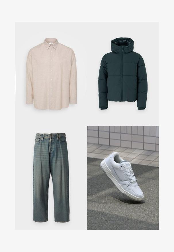 Tamsiai žalia pūkinė striukė su kapišonu, turinti priekinį užtrauktuką, siuvinėtus skyrius ir raukšlėtas rankoves. Lygus paviršius ir paminkštinta tekstūra.; Šviesiai smėlinė ilgos rankovės marškiniai iš lino, su apykakle, kuri susisauna mygtukais, priekiniais mygtukais ir laisvu siluetu su suveržiamomis rankovėmis.; Šviesiai mėlyni džinsai su laisvu siluetu, vidutinio aukščio juosmeniu ir tiesiomis kojomis. Su penkiais kišenėmis, diržo kilpo ir mygtukų uždarymu.; Baltos odinės sportinės bateliai su perforuotais šonais, tekstūruotais akcentais, plokščiomis raištelėmis ir kontrastingu pilku kulnu. Yra šiek tiek pakelti padas.