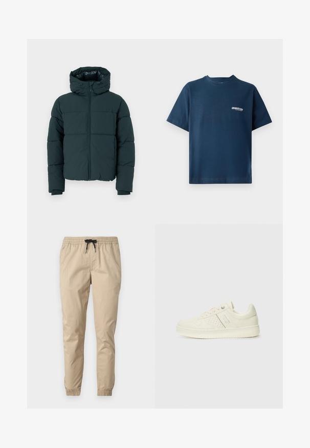 Tamsiai žalia pūkinė striukė su kapišonu, turinti priekinį užtrauktuką, siuvinėtus skyrius ir raukšlėtas rankoves. Lygus paviršius ir paminkštinta tekstūra.; Tamsiai mėlyna medvilninė marškinėliai su trumpomis rankovėmis ir apvaliu iškirpimu. Yra mažas baltas logotipas kairėje krūtinės pusėje. Minkšta tekstūra.; Šviesiai rudos spalvos lengvi kelnių, su elastinga liemenėle ir raišteliu, su siaurėjantys kojomis ir elastingais užbaigimais. Lygus, tekstūruotas audinys.; Kremo spalvos sportbačiai su perforuotomis detalėmis, raišteliais ir logotipu šone, išdėstyti prieš paprastą baltą foną.