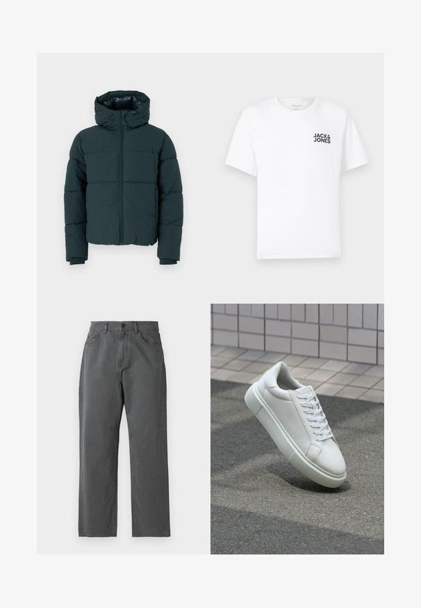 Tumši zaļš pūkains jaka ar kapuci, ar priekšējo rāvējslēdzēju, šūtām daļām un ribota apakšmalu. Gluda apdare un pamatots audums.; Balts kokvilnas t-krekls, īsām piedurknēm, apaļo kakla izgriezumu. Uz kreisās krūts daļas ir melna teksta druka "JACK & JONES". Vienkāršs, bezpušķains dizains.; Pelēki auduma bikses ar taisnu griezumu, kurām ir pogu un rāvējslēdzēja aizdare, pieci kabatas un smalki izšuvumi.; Baltas ādas sporta apavi ar gludu virsmu, apaļu pirkstu un plakanām baltām šņorēm. Iezīmējas ar strukturētu gumijas zoli un minimālisma dizaina elementiem.