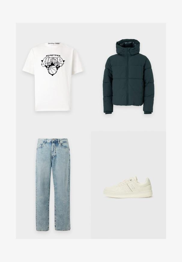 Mørkegrønn dunjakke med hette, med glidelås foran, sydd paneler og ribbestrikkede mansjetter. Jevn finish og polstret tekstur.; Hvit bomull T-skjorte med en svart grafikktrykk med "HOMETOWN HERO," flammer og et basketballdesign sentrert på forsiden.; Lyseblå jeans med enkelt ben og knapp- og glidelås-lukking, frontlommer og subtile falmede detaljer.; Kremfargede sneakers med perforerte detaljer, snøring og logo på siden, vist mot en enkel hvit bakgrunn.