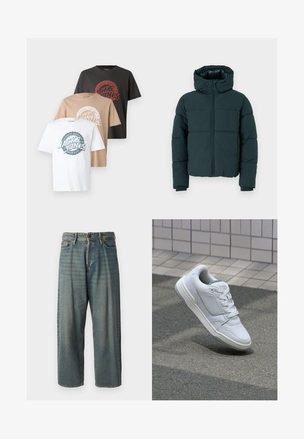 Tumma vihreä puhvijakku hupulla, jossa on vetoketju edessä, ommellut paneelit ja ribbineulehihansuut. Sileä pinta ja pehmustettu rakenne.; Kolme T-paitaa: yksi valkoinen, yksi beige, yksi tummanharmaa. Jokaisessa on pyöreä logokuva, jossa on teksti kontrastiväreissä ja pyöreä kaulus.; Vaaleansiniset farkut, joissa on väljä istuvuus, keskikorkea vyötärö ja suorat lahkeet. Ominaisuuksiin kuuluvat viisi taskua, vyölenkit ja nappisulku.; Valkoinen nahkakengät, joissa on rei'itetyt sivut, teksturoituja yksityiskohtia, tasaiset nauhat ja erottuva harmaa kanta. Varrella on hieman kohotettu pohja.