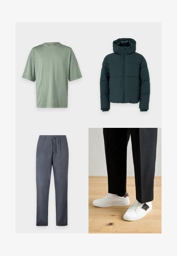 Tmavě zelená zateplená bunda s kapucí, se zapínáním na zip vpředu, prošívanými panely a žebrovanými manžetami. Hladký povrch a polstrovaná textura.; Svetle zelené tričko s krátkým rukávem, zaobleným výstřihem a volným střihem; vyrobené z měkkého materiálu s hladkou texturou.; Šedé kalhoty vyrobené z hladké tkaniny, s šňůrkovým zapínáním a bočními kapsami. Design s rovnými nohavicemi a čistým provedením.; Bílé tenisky s hladkým povrchem, s hnědými koženými akcenty a černými detaily, kombinované s černými kalhotami na míru. Pozadí tvoří dřevěná podlaha.