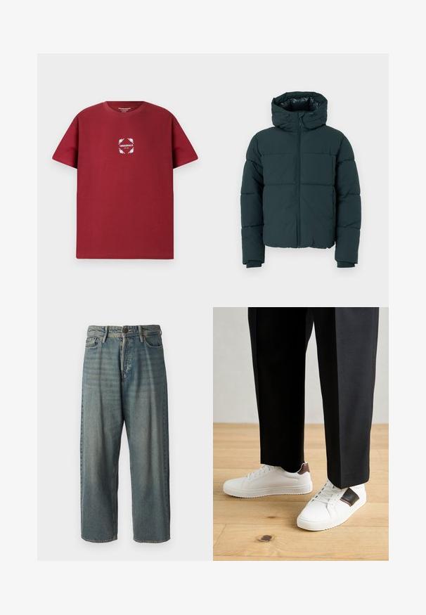 Mørkegrønn dunjakke med hette, med glidelås foran, sydd paneler og ribbestrikkede mansjetter. Jevn finish og polstret tekstur.; Bordeaux bomull t-skjorte med korte ermer, med et hvitt grafisk sirkel-design med ordet "ORIGINALS" og bladdetaljer på forsiden.; Lyseblå denimjeans med løs passform, midjehøyde og rette ben. Har fem lommer, beltehemper og knappelukking.; Hvite sneakers med glatt tekstur, med brune skinnakenter og svart detaljer, parret med svarte skreddersydde bukser. Bakgrunn med tregulv.