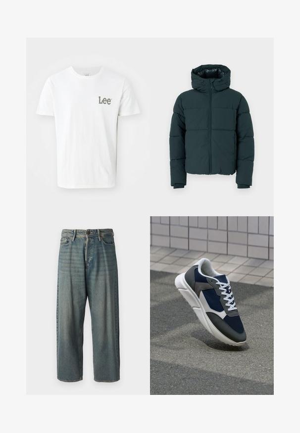 Tumma vihreä puhvijakku hupulla, jossa on vetoketju edessä, ommellut paneelit ja ribbineulehihansuut. Sileä pinta ja pehmustettu rakenne.; Valkoinen puuvillapaita, jossa on pieni vihreä "Lee" -logo vasemmassa rintakehässä. Klassinen pyöreä kaula-aukko ja lyhyet hihat, sileä pinta.; Vaaleansiniset farkut, joissa on väljä istuvuus, keskikorkea vyötärö ja suorat lahkeet. Ominaisuuksiin kuuluvat viisi taskua, vyölenkit ja nappisulku.; Kengät, joissa on tummansininen verkkopäällinen, harmaat mokka-yksityiskohdat, valkoinen kumipohja ja litteät valkoiset nauhat, suunniteltu mukavuutta ja hengittävyyttä varten.