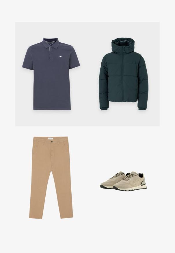 Tumši zaļš pūkains jaka ar kapuci, ar priekšējo rāvējslēdzēju, šūtām daļām un ribota apakšmalu. Gluda apdare un pamatots audums.; Jūras spēku polo krekls no kokvilnas maisījuma ar divu pogu aizdari, īsām piedurknēm un mazu izšuvumu logotipu uz kreisā krūts.; Haki chinos izgatavoti no kokvilnas maisījuma, ar plakanu priekšpusi, divām sānu kabatām un vienu aizmugurējo kabatu. Viegls audums ar gludu tekstūru.; Beige sporta apavi ar teksturētu adīto augšdaļu, kontrastējošām pelēkām akcentiem, taisnām mežģīnēm un elastīgu gumijas zoli.