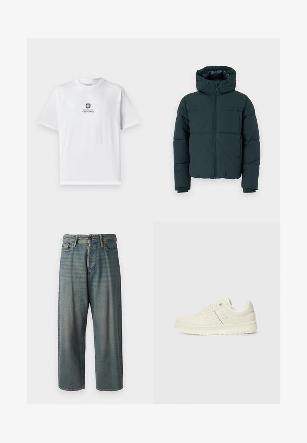 Tumma vihreä puhvijakku hupulla, jossa on vetoketju edessä, ommellut paneelit ja ribbineulehihansuut. Sileä pinta ja pehmustettu rakenne.; Valkoinen puuvillapaita lyhyillä hihoilla, jossa on keskellä graafinen kuvasto leijonasta ja sana "ORIGINALS" mustalla, pyöreä kaula-aukko, rento malli.; Vaaleansiniset farkut, joissa on väljä istuvuus, keskikorkea vyötärö ja suorat lahkeet. Ominaisuuksiin kuuluvat viisi taskua, vyölenkit ja nappisulku.; Valkokoska sneaker, jossa on rei'itettyjä yksityiskohtia, nauhat ja logo sivussa, esillä tasaisella valkoisella taustalla.